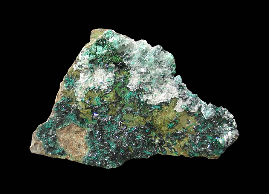 Atacamite with Pseudomalachite and Gypsum, La Farola Mine, Cerro Pintado, Copiapó Province, Atacama Region, Chile